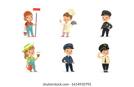 Cute Kids of Various Professions Set, Painter, Cook, Policeman, Gardener, Pilot, Captain Vector Illustration