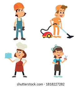 Cute kids in various professions set. Smiling little boys and girls in uniform with professional equipment colorful vector illustrations