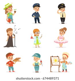 Cute kids in various professions set. Smiling little boys and girls in uniform with professional equipment colorful vector illustrations