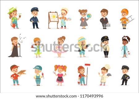 Cute kids in various professions set. Smiling little boys and girls in uniform with professional equipment colorful vector illustrations