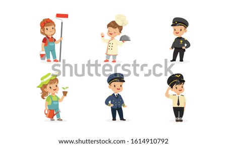 Cute Kids of Various Professions Set, Painter, Cook, Policeman, Gardener, Pilot, Captain Vector Illustration