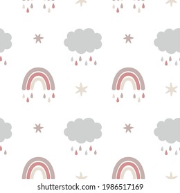 Cute kids vector celestial seamless pattern with clouds, rainbow, rain. Cartoon illustration for baby shower, nursery room decor, children design