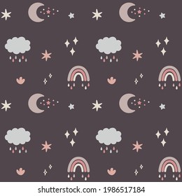 Cute kids vector celestial seamless pattern with moon, stars, clouds, rainbow, rain. Cartoon illustration for baby shower, nursery room decor, children design