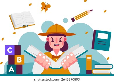 Cute kids vector characters are reading books and writing