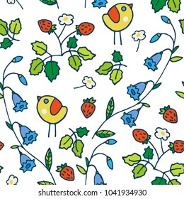 Cute kids vector pattern with birds, strawberry and bell flower garden plants. Good for background, printing and textile design. White background, bright colors.