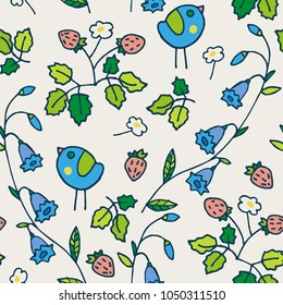 Cute kids vector pattern with birds, strawberry and bell flower garden plants. Good for background, printing and textile design. Light background.