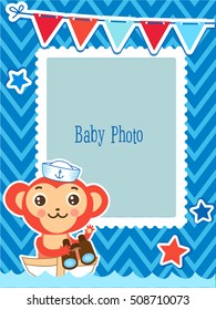 Cute Kids Vector Photo Frame. Cartoon Monkey Vector Illustration. Decorative Cartoon Template For Baby Family Or Memories. Marine Theme Photo Frame.