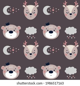 Cute niños vectores patrón sin costura con animales bebés graciosos, oso y alce, ciervo, luna, estrellas, nubes, lluvia. Ilustración de dibujos animados para la ducha de bebé, decoración de la sala de crianza, diseño infantil