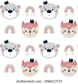 Cute kids vector seamless pattern with funny baby animals, bear and fox, rainbow, rain. Cartoon illustration for baby shower, nursery room decor, children design