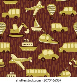 Cute kids vector seamless pattern with hand drawn airplanes, helicopters, cars, buses, ships. Various transport for printing on textiles and paper. Illustration for boys about travel and movement