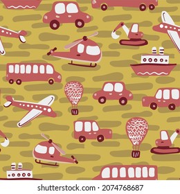 Cute kids vector seamless pattern with hand drawn airplanes, helicopters, cars, buses, ships. Various transport for printing on textiles and paper. Illustration for boys about travel and movement