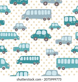 
Cute niños vectores patrón sin fisuras con autos dibujados a mano, buses. Diversos transportes para la impresión en textiles y papel. Ilustración para niños sobre viajes y tráfico en las calles de la ciudad