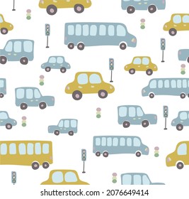 
Cute kids vector seamless pattern with hand drawn cars, buses. Various transport for printing on textiles and paper. Illustration for boys about travel and traffic on the roads in the city