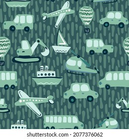 Cute kids vector seamless pattern with hand drawn airplanes, helicopters, cars, buses, ships. Various transport for printing on textiles and paper. Illustration for boys about travel and movement