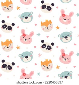 Cute kids vector seamless pattern with funny baby animals, bear, bunny, panda, fox, stars. Cartoon illustration for baby shower, nursery room decor, children design