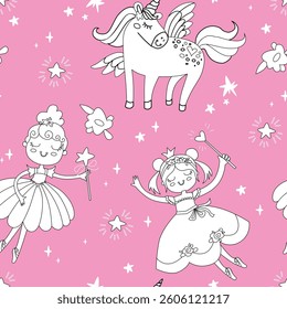 Cute kids vector seamless pattern with little princess and unicorn in cartoon style. Cute girls and stars