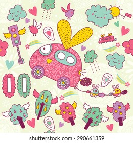 Cute kids vector seamless pattern with fly cars.