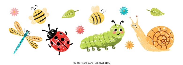 Cute kids vector set of garden insects with crayon chalk texture. Funny caterpillar, ladybug, snail, bees and dragonfly isolated on white background. Perfect for children design.