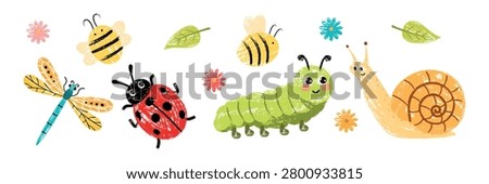 Cute kids vector set of garden insects with crayon chalk texture. Funny caterpillar, ladybug, snail, bees and dragonfly isolated on white background. Perfect for children design.