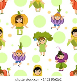 Cute Kids in Vegetables Costumes Seamless Pattern, Adorable Children Dressed Like Vegetable, Design Element Can Be Used for Wallpaper, Packaging, Background Vector Illustration