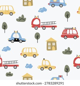 Cute kids vehicles seamless pattern. Cartoon transport background for nursery fabric, wallpaper, and wrapping paper. Children city cars and trucks texture.