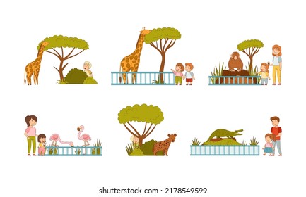 Cute Kids Visiting Zoo Set Little Stock Vector (Royalty Free ...