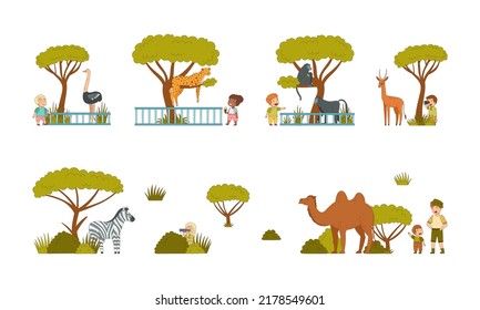 Cute Kids Visiting Zoo Set Little Stock Vector (Royalty Free ...