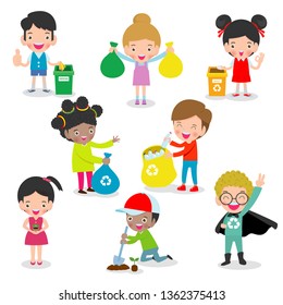 cute kids volunteer. Children collect rubbish for recycling. A child plants trees. isolated on white background Illustrator Vector 