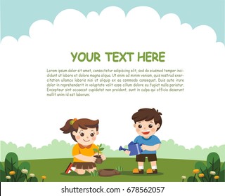 Cute kids volunteers planted and watering young trees. For Save The Earth. Template for advertising brochure.