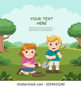 Cute kids volunteers planted young tree. For Save The Earth. Template for advertising brochure.