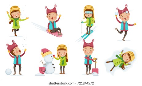 cute kids in warm clothes set. boy catches snowflakes mouth. riding on snow slides.child girl playing snowman. Little child in a clear snow. boy playing snowballs. Snow scoop. girl Catch snowflakes