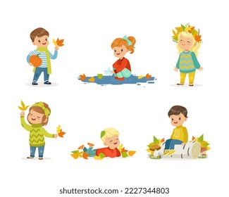 Cute kids in warm clothes walking outdoors in autumn season set cartoon vector illustration