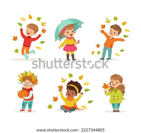 Cute kids in warm clothes walking outdoors in autumn season. Girl and boys standing under umbrella, throwing leaves cartoon vector illustration