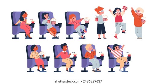 Cute kids watching movie. Girl and boys eating popcorn and drinking soda while sitting in the cinema. Vector flat illustrations set isolated in decorative frame. Cartoon film technology entertainment