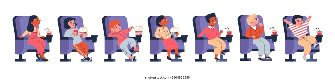 Cute kids watching movie vector flat illustrations set isolated. Girls and boys eating popcorn and drinking soda while sitting in the cinema. Cartoon film technology entertainment