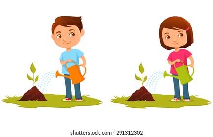 cute kids watering a plant. Cartoon illustration of children, nature protection concept. Isolated on white.