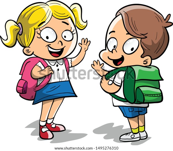 Cute Kids Waving Goodbye Going School Stock Vector Royalty Free