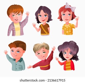 Cute kids waving hands vector illustrations set. Smiling little children in casual clothing greeting gesture. Cheerful elementary school students, kindergarten pupils cartoon characters hi