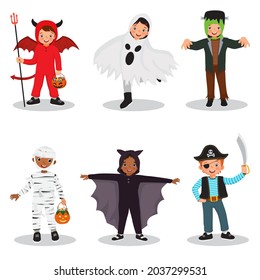 cute kids wear Halloween costumes for trick or treat carnival party. Include ghost, Frankenstein, bat, pirate, mummy and devil holding pumpkin bag with sweet candy