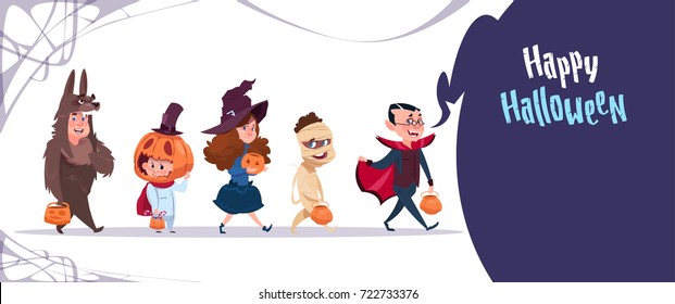 Cute Kids Wear Monsters Costume, Happy Halloween Banner Party Celebration Concept Flat Vector Illustration