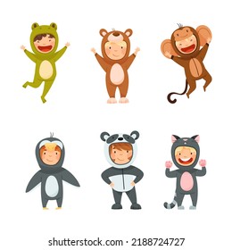 Cute kids wearing animal costumes set. Frog, bear, monkey, penguin, panda, cat vector illustration