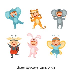 Cute kids wearing animal costumes set. Elephant, tiger, koala, ladybug, bunny, butterfly vector illustration