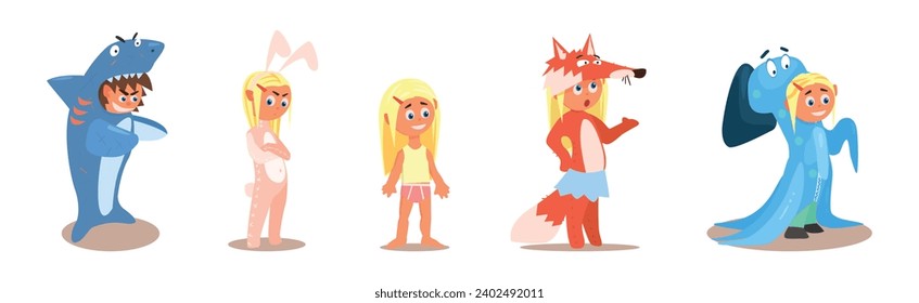 Cute Kids Wearing Animal Costumes and Outfit Vector Set