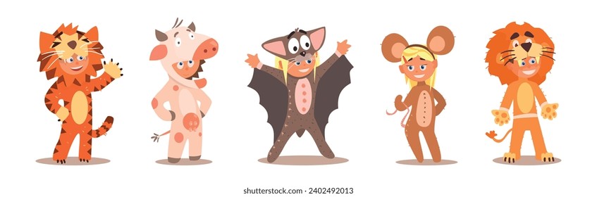 Cute Kids Wearing Animal Costumes and Outfit Vector Set