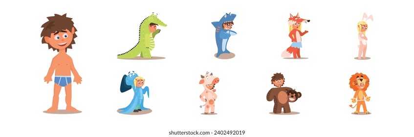 Cute Kids Wearing Animal Costumes and Outfit Vector Set