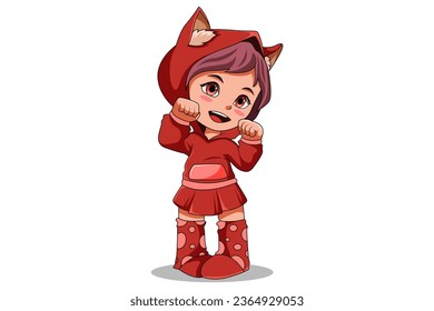 Cute Kids wearing Cat Jacket Character Illustration