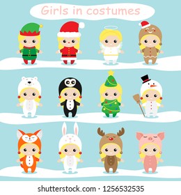 Cute kids wearing Christmas costumes. Girls in costumes. Set of Christmas characters. Vector illustration