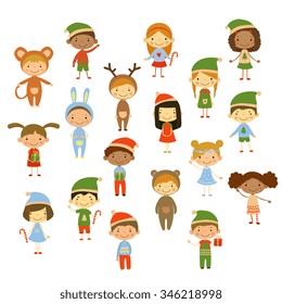 Cute kids wearing Christmas costumes vector illustration