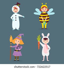 Cute kids wearing Christmas costumes vector characters little people isolated cheerful children holidays illustration