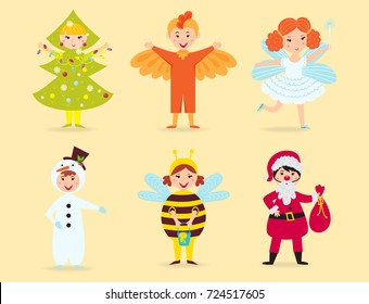 Cute kids wearing Christmas costumes vector characters little people isolated cheerful children holidays illustration